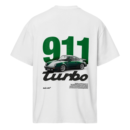 White t-shirt with a green and black Porsche 911 Turbo graphic on a white background