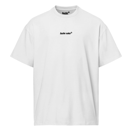White t-shirt with black text on a white background