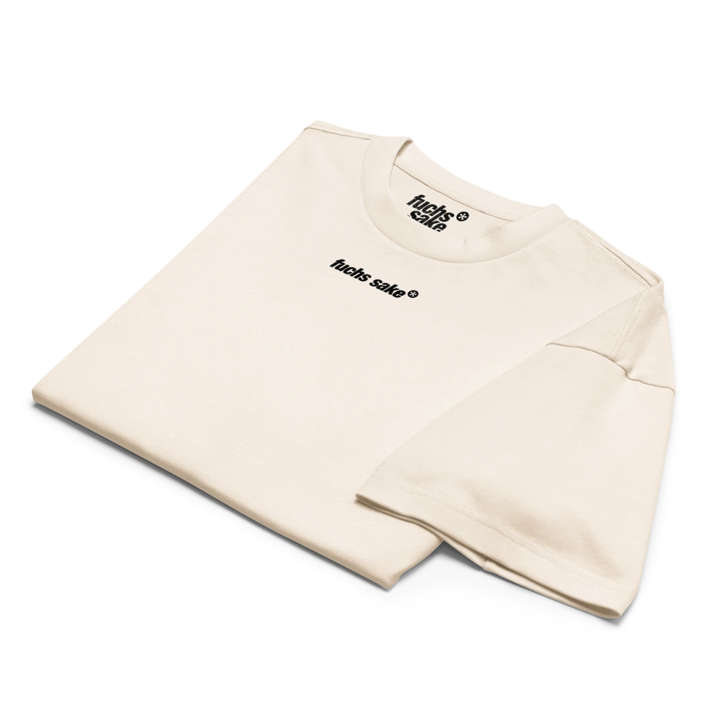 Beige sweatshirt with text on a white background