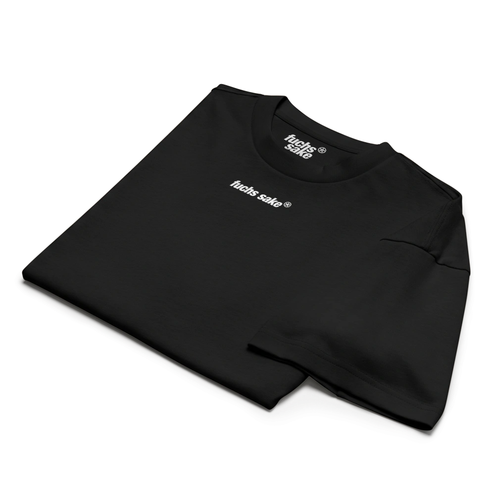 Folded black sweatshirt with a brand logo on a white background