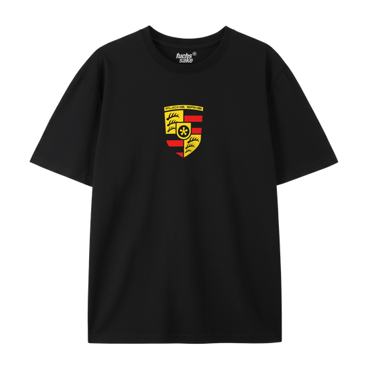 Black tshirt, featuring a Porsche like emblem reading Fuchs Sake