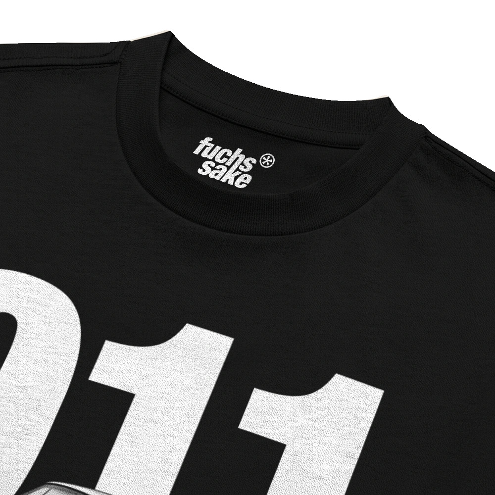 Black t-shirt with white text and numbers, featuring the brand 'fuchs sake'.