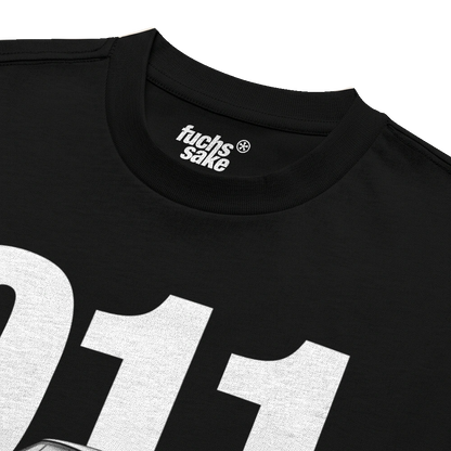 Black t-shirt with white text and numbers, featuring the brand 'fuchs sake'.