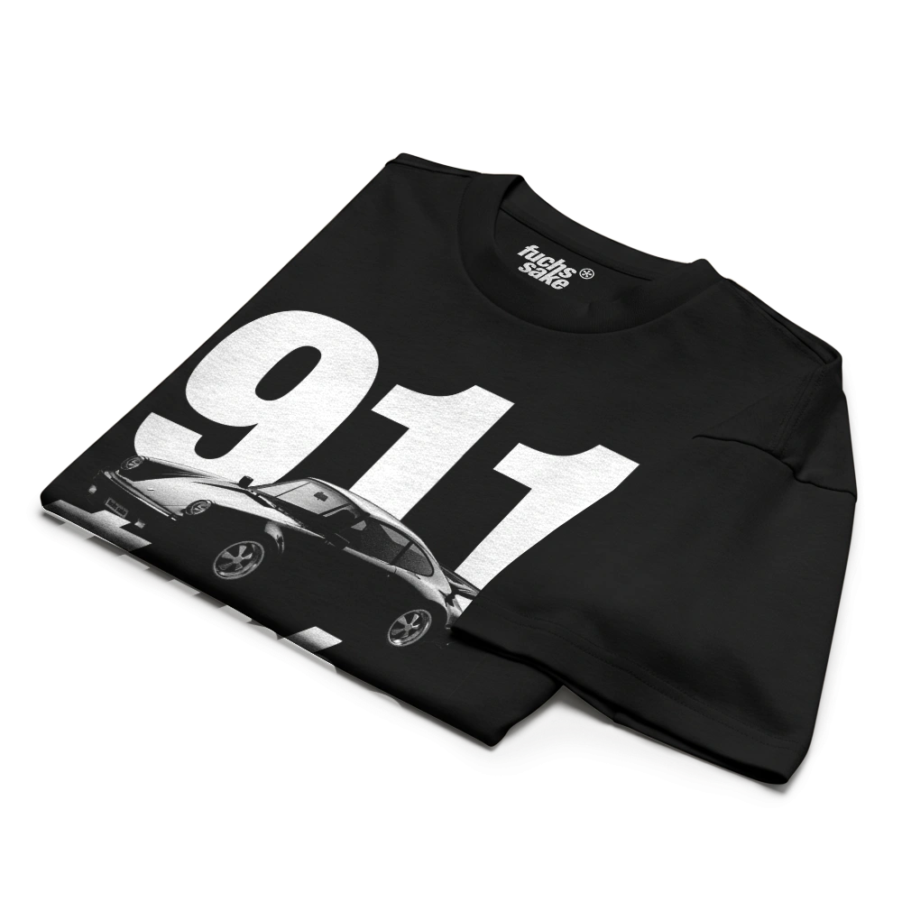 Black sweatshirt with '911' and car design on a white background