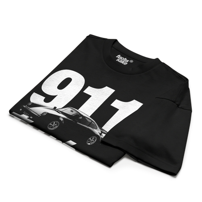 Black sweatshirt with '911' and car design on a white background