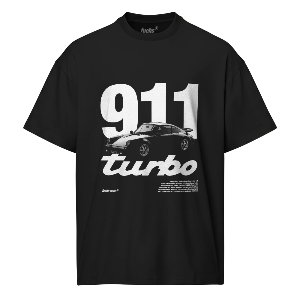 Black t-shirt with '911 turbo' graphic and Porsche logo on a white background