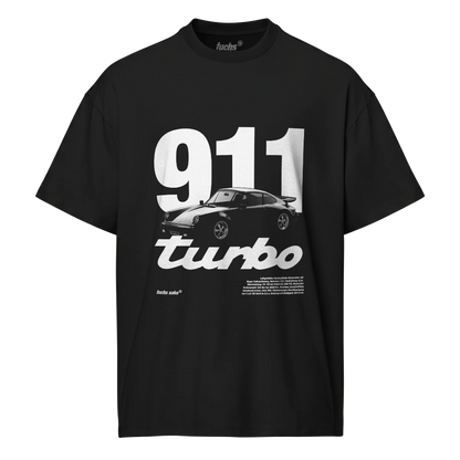 Black t-shirt with '911 turbo' graphic and Porsche logo on a white background
