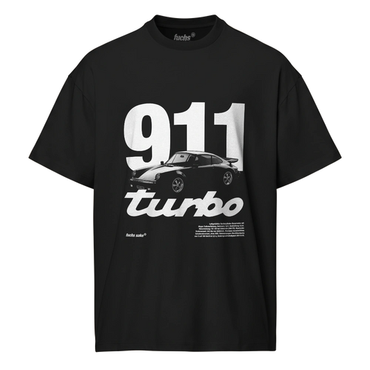 Black t-shirt with '911 turbo' graphic and Porsche logo on a white background