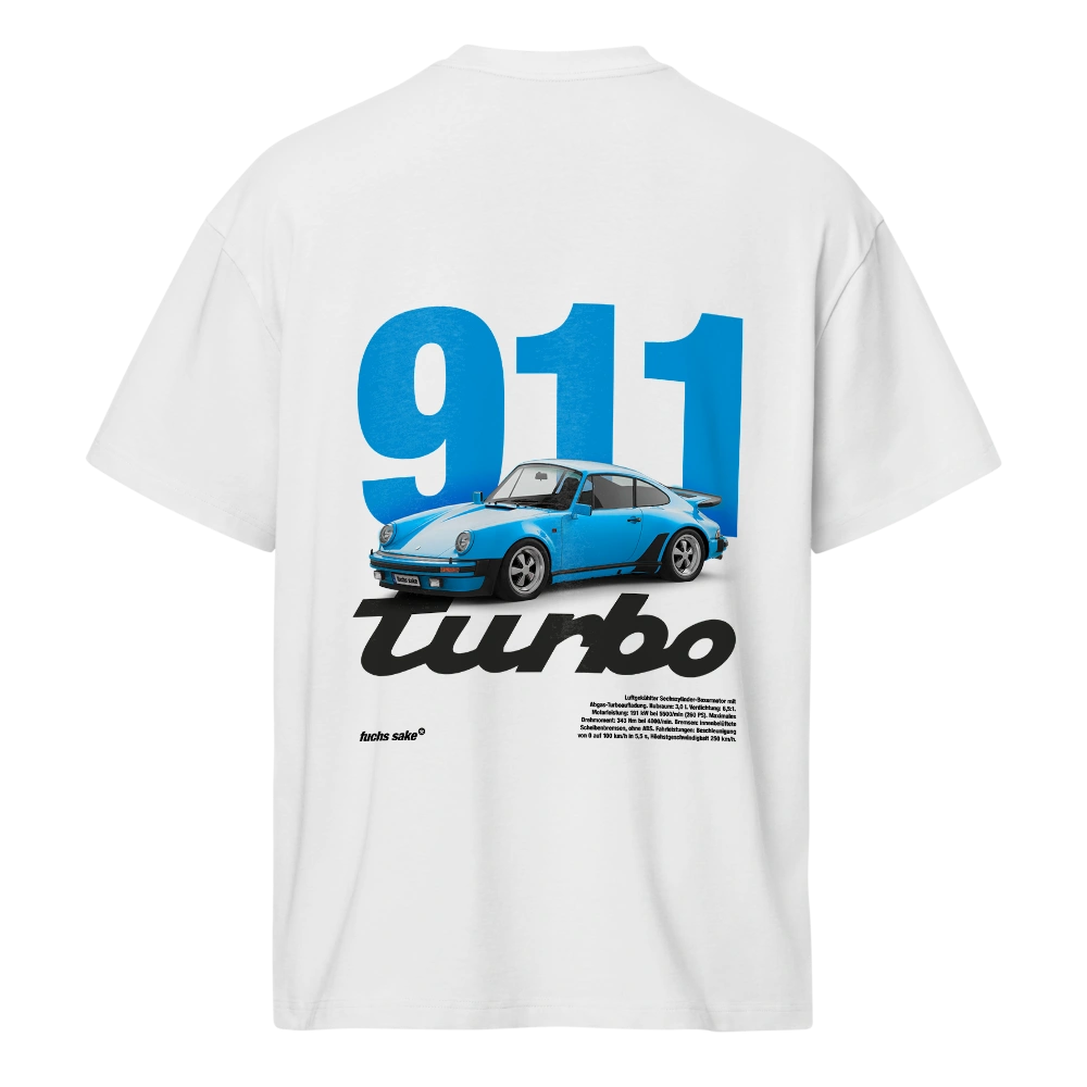 White t-shirt with blue Porsche 911 Turbo graphic on a white background