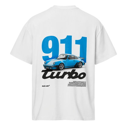 White t-shirt with blue Porsche 911 Turbo graphic on a white background