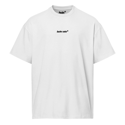 White t-shirt with black text on a white background