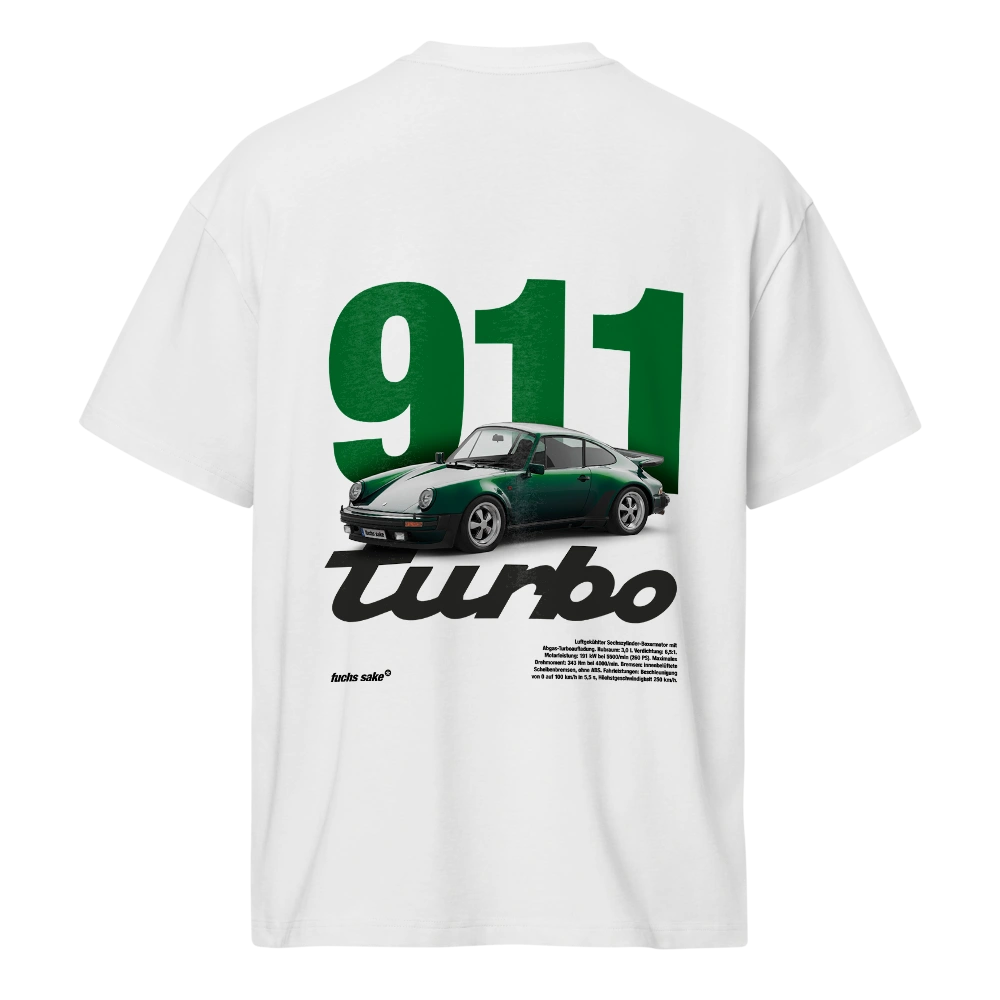 White t-shirt with a green and black Porsche 911 Turbo graphic on a white background