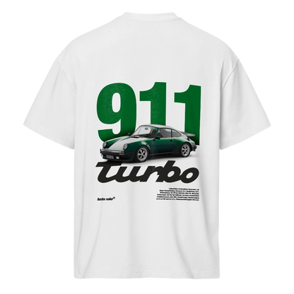 White t-shirt with a green and black Porsche 911 Turbo graphic on a white background