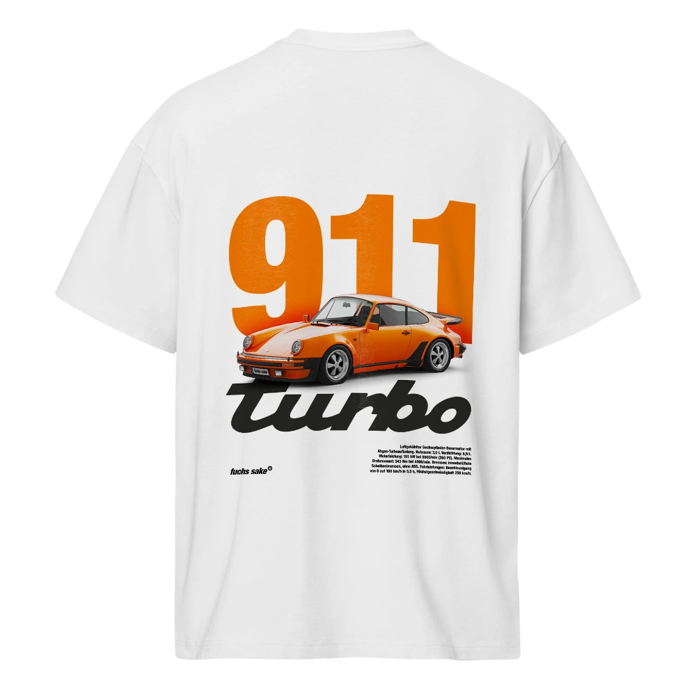 White t-shirt with an orange Porsche 911 Turbo graphic on a white background
