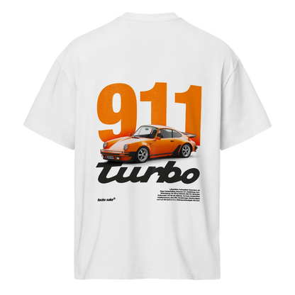 White t-shirt with an orange Porsche 911 Turbo graphic on a white background