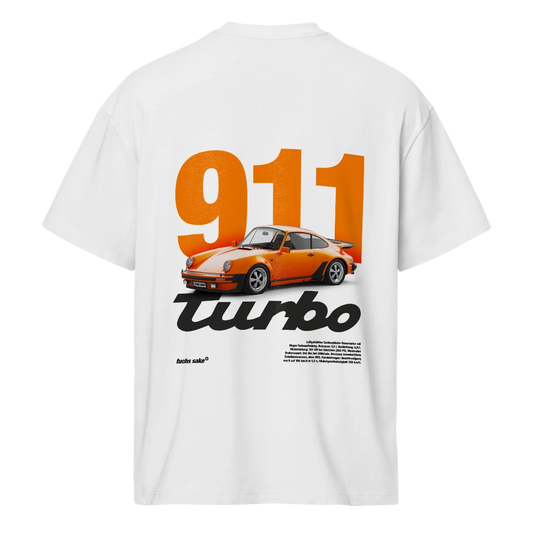 White t-shirt with an orange Porsche 911 Turbo graphic on a white background