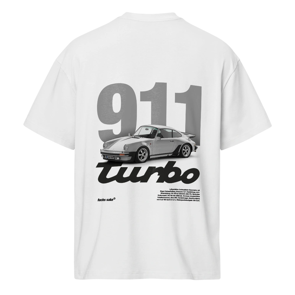 White t-shirt with Gray Porsche 911 Turbo graphic on a white background