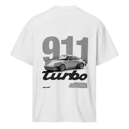White t-shirt with Gray Porsche 911 Turbo graphic on a white background