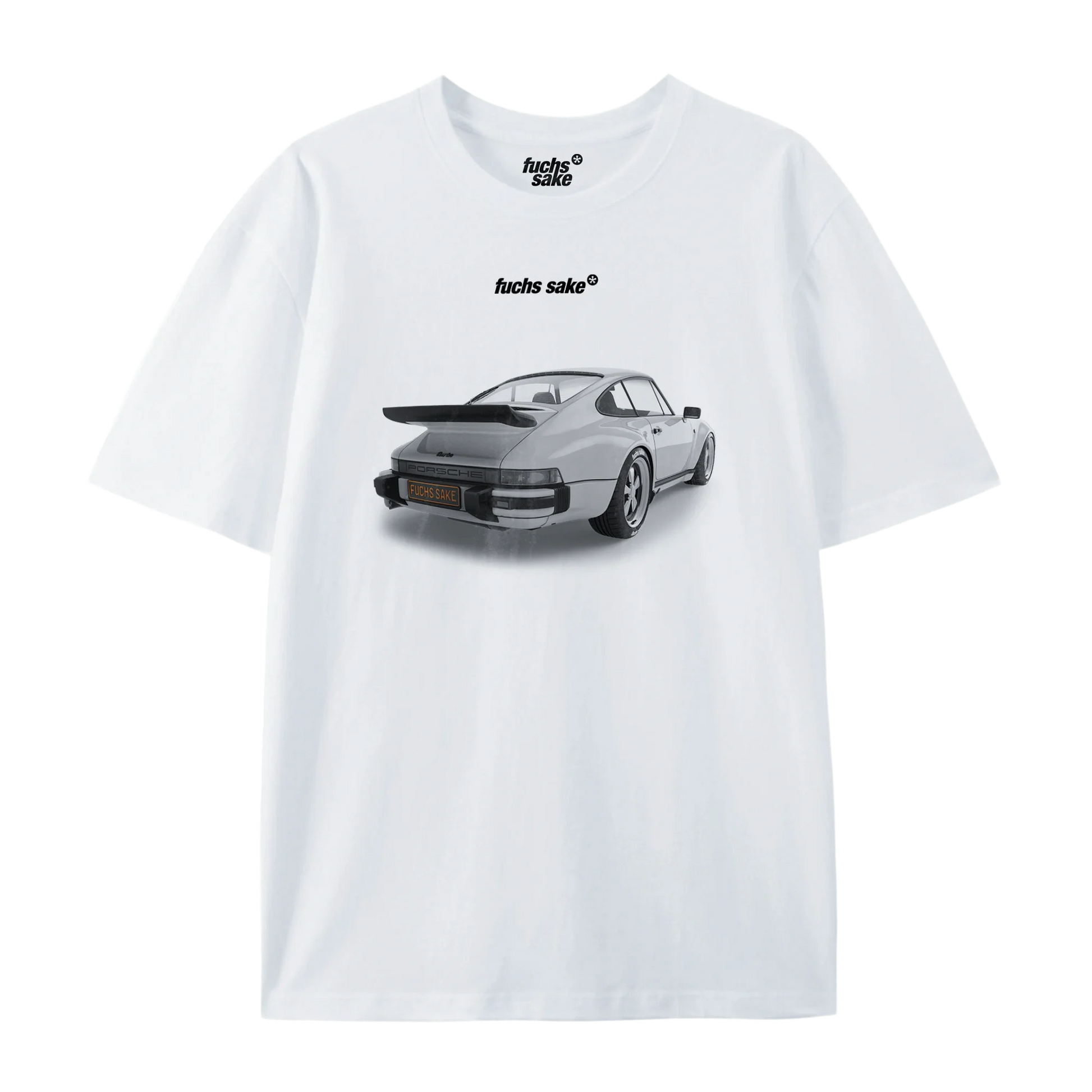 White t-shirt with a car graphic and 'fuchs sake' text on a white background