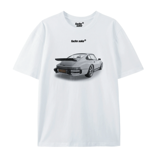 White t-shirt with a car graphic and 'fuchs sake' text on a white background