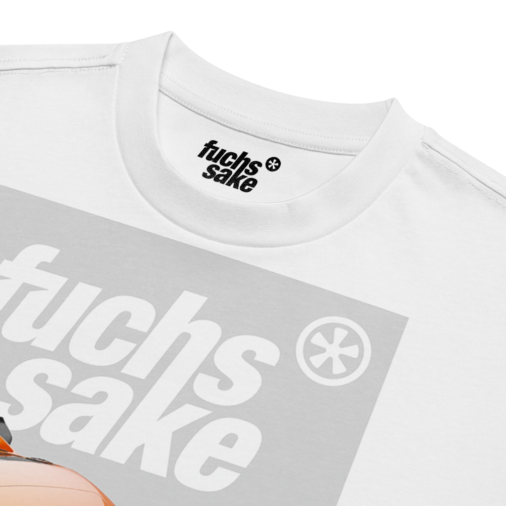 White t-shirt with 'fuchs sake' text and logo on a white background