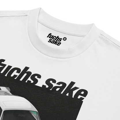 White t-shirt with 'fuchs sake' text and graphic design on a white background