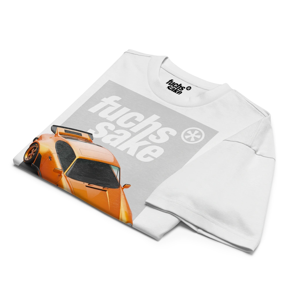 White sweatshirt with orange car graphic and text on a white background