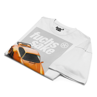 White sweatshirt with orange car graphic and text on a white background