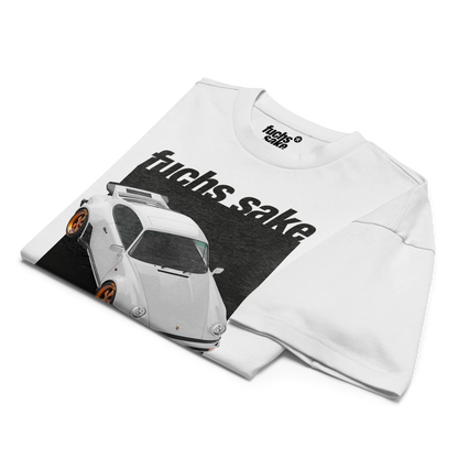 White sweatshirt with graphic design and text on a white background