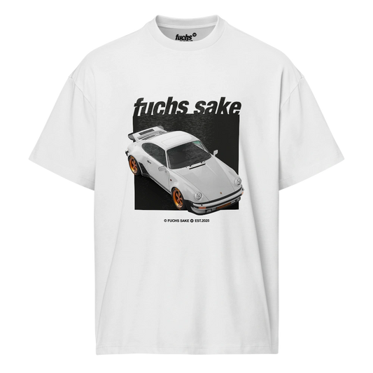 White t-shirt with a graphic of a white Porsche and 'fuchs sake' text on a white background