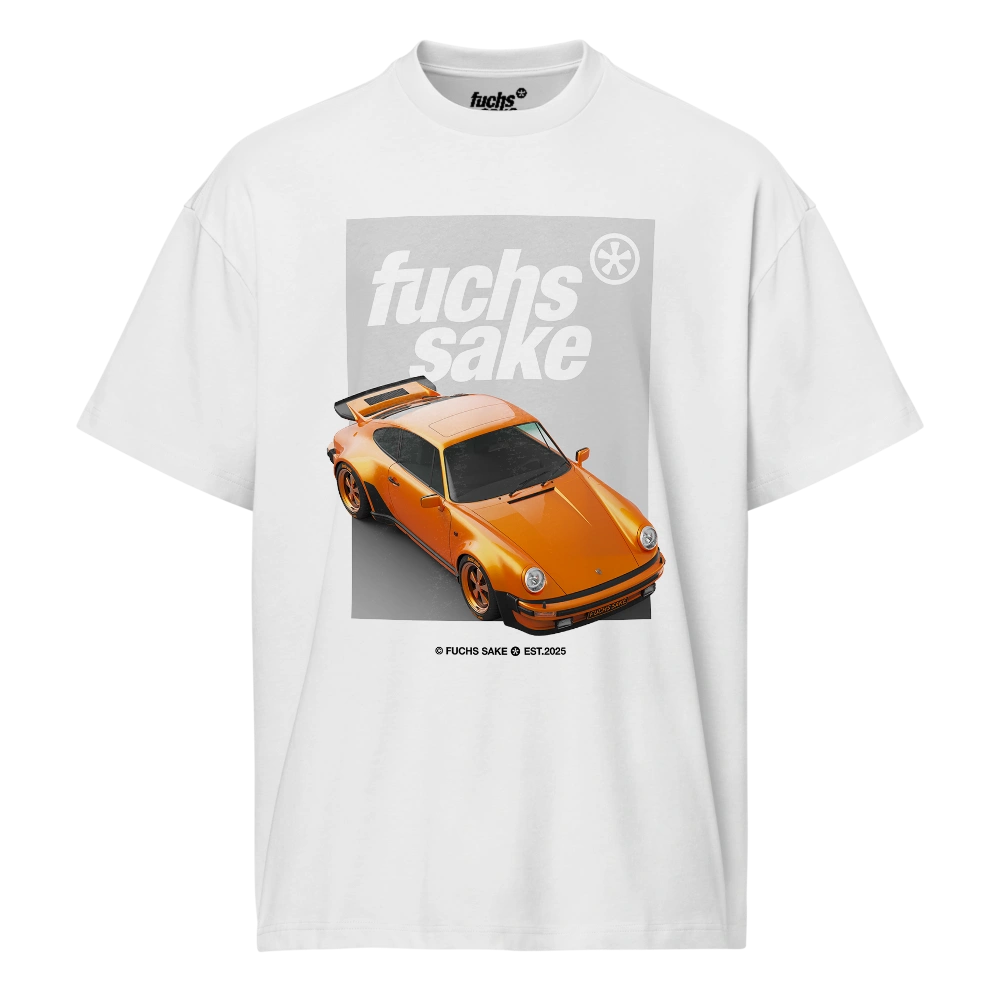 White t-shirt with an orange Porsche graphic and 'fuchs sake' text on a white background