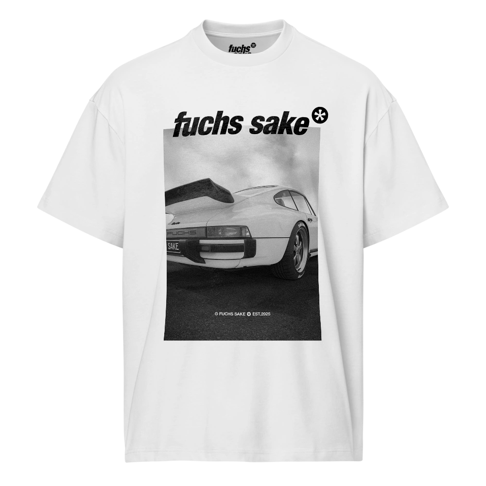 White t-shirt with black graphic of a Porsche and 'fuchs sake' text on a white background