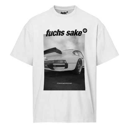 White t-shirt with black graphic of a Porsche and 'fuchs sake' text on a white background