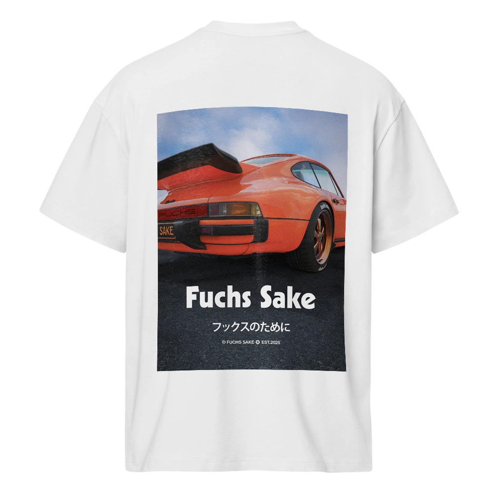 White t-shirt with a graphic of a orange Porsche and 'Fuchs Sake' text on a white background
