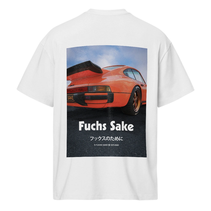 White t-shirt with a graphic of a orange Porsche and 'Fuchs Sake' text on a white background
