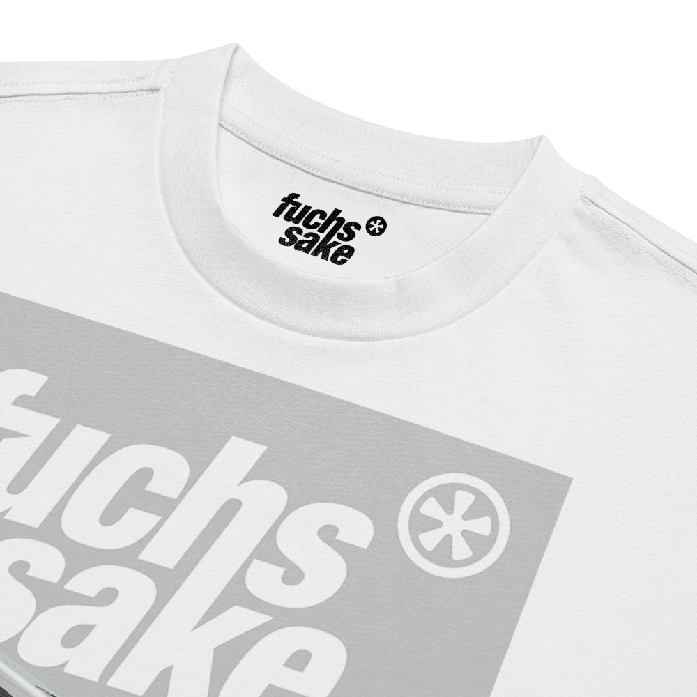 White t-shirt with 'fuchs sake' logo on a white background
