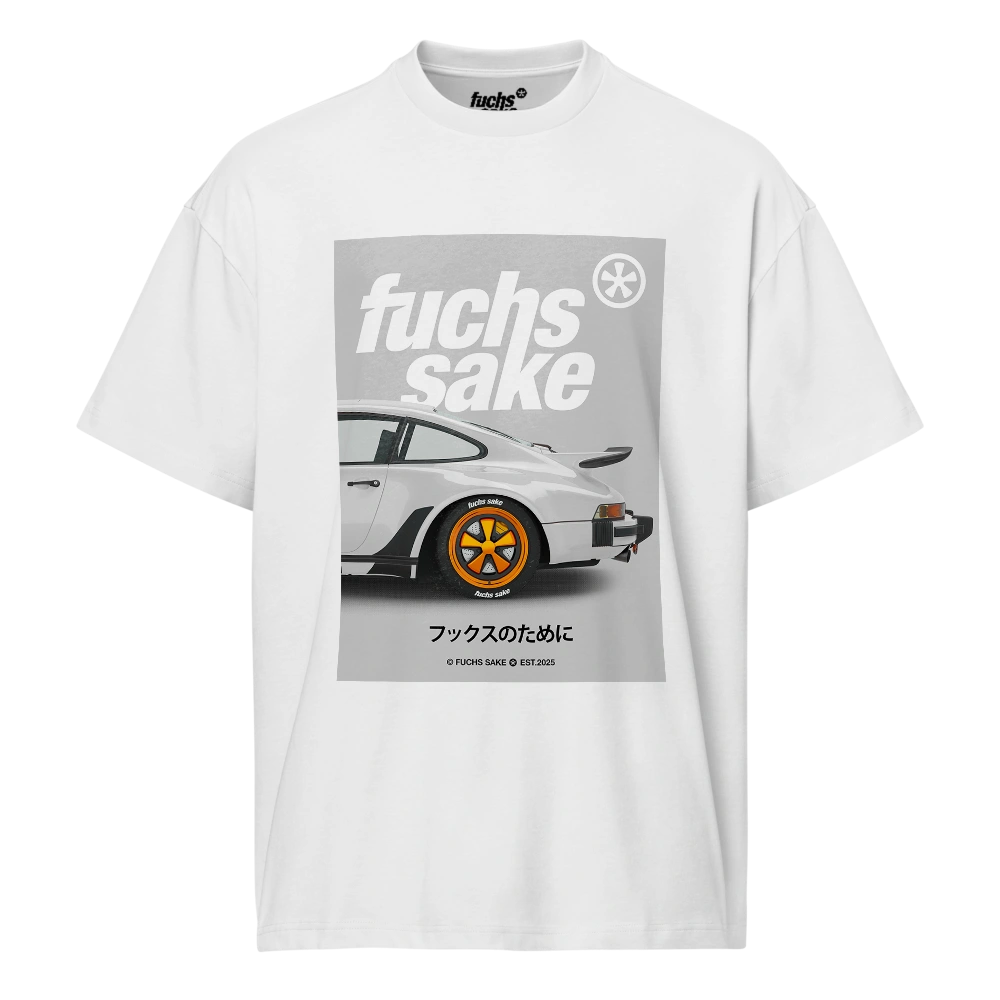 White t-shirt with a graphic of a white Porsche with orange fuchs wheels and 'fuchs sake' text on a white background