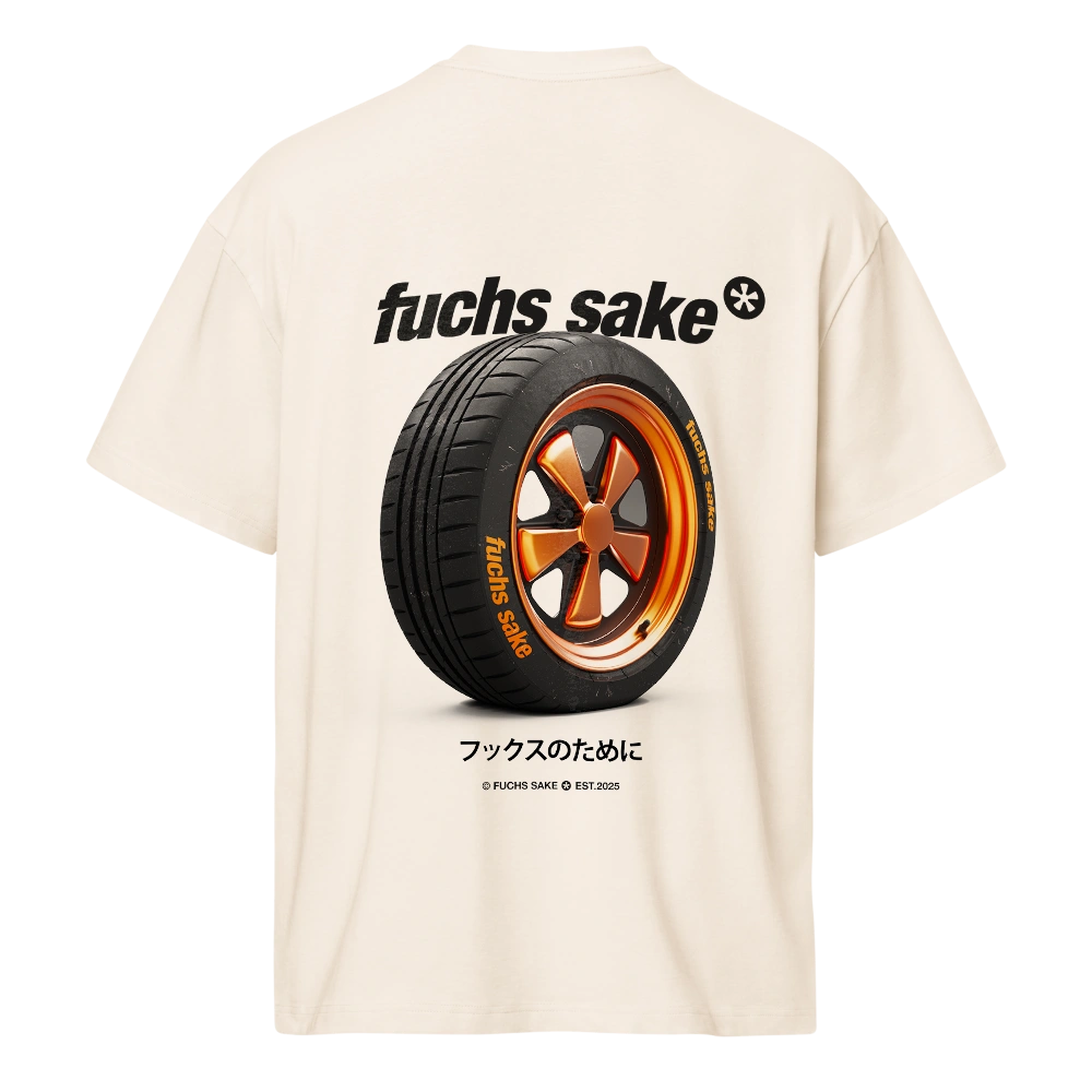Beige t-shirt with a tire graphic and 'fuchs sake' text on a white background and fuchs sake logo