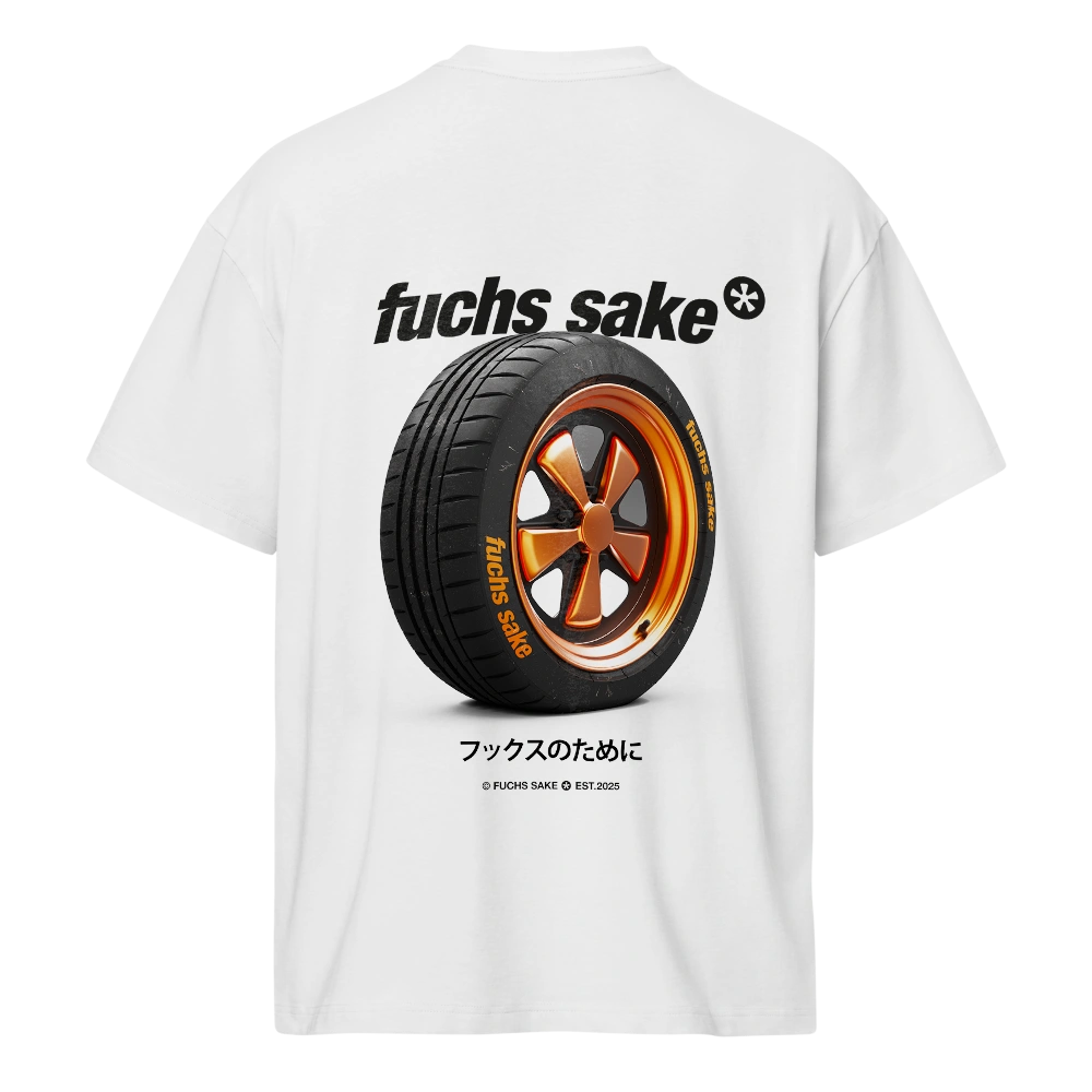 White t-shirt with a tire graphic and text on a white background and Fuchs Sake logo