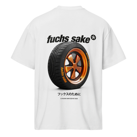 White t-shirt with a tire graphic and text on a white background and Fuchs Sake logo