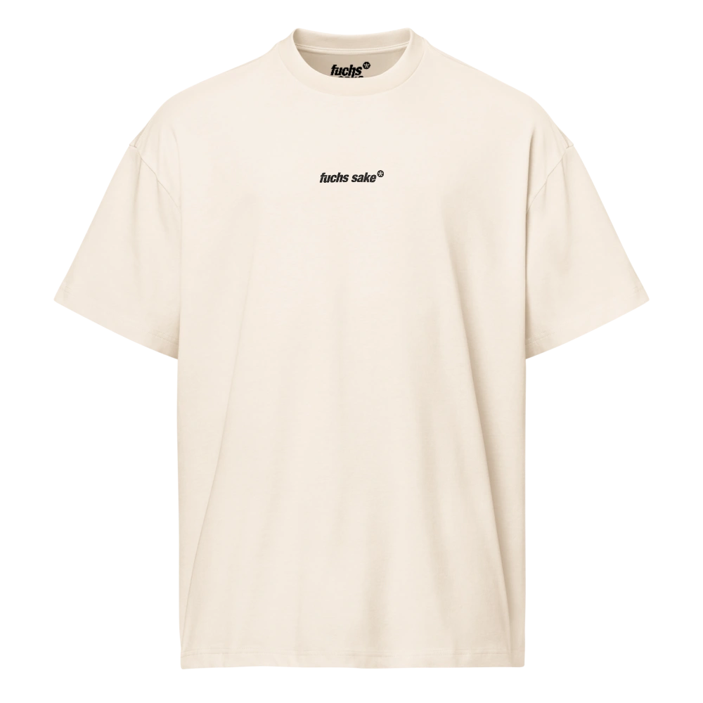 Beige t-shirt with black text on a white background