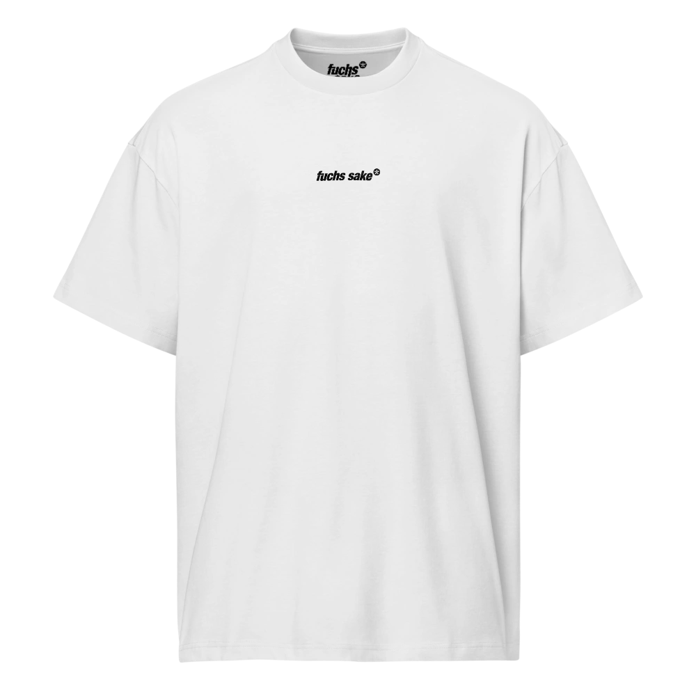 White t-shirt with black text on a white background