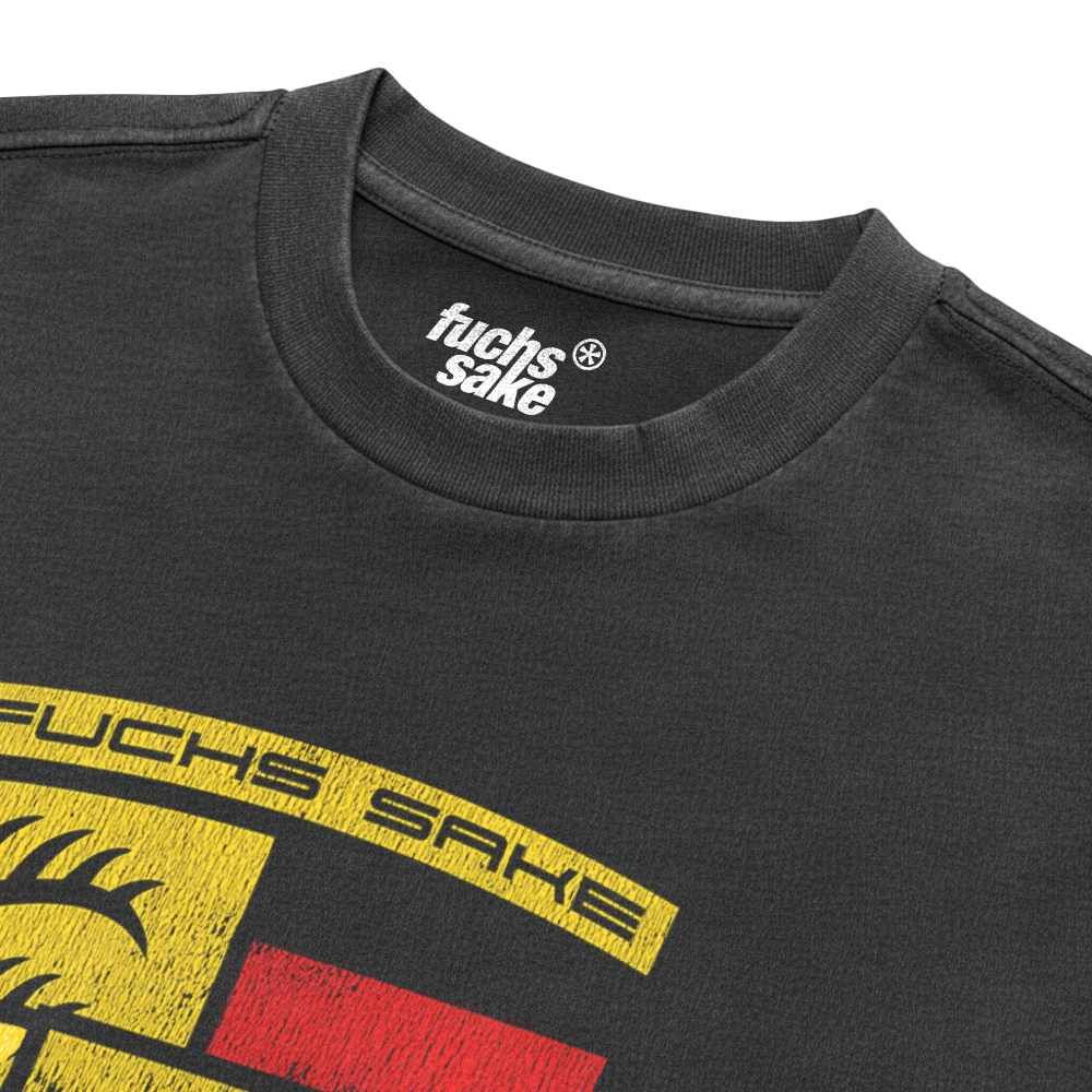 Black t-shirt with 'fuchs sake' branding and graphic design on a white background