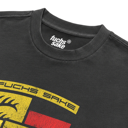 Black t-shirt with 'fuchs sake' branding and graphic design on a white background