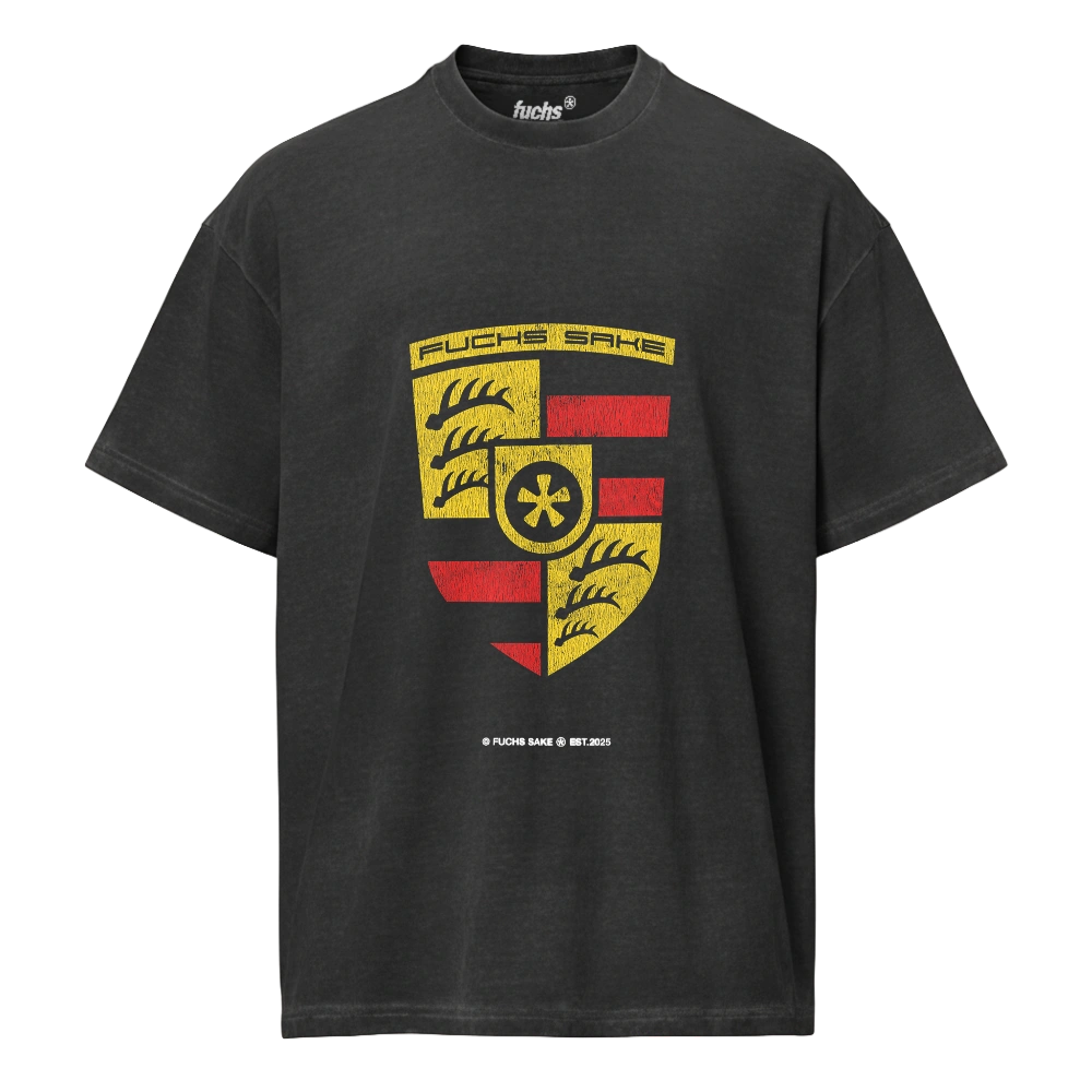 Dark gray tshirt, with washed effect featuring a Porsche like emblem - Fuchs Sake