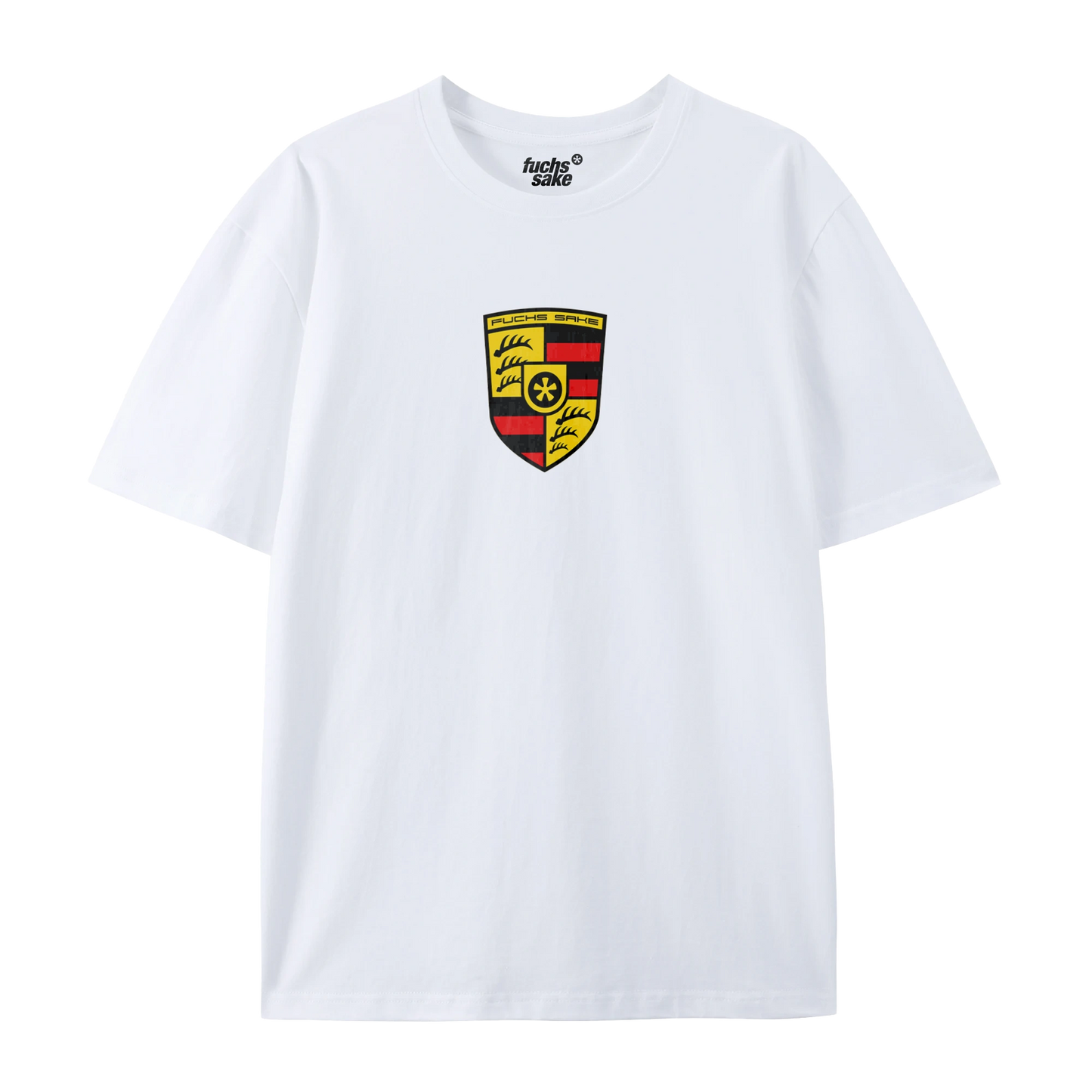 White tshirt,  featuring a Porsche like emblem reading Fuchs Sake