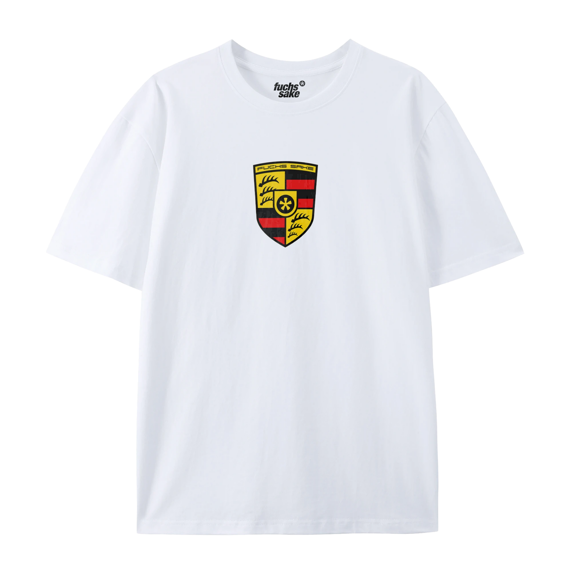 White tshirt,  featuring a Porsche like emblem reading Fuchs Sake