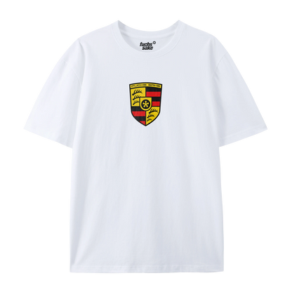 White tshirt,  featuring a Porsche like emblem reading Fuchs Sake