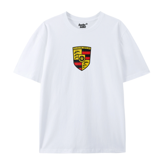White tshirt,  featuring a Porsche like emblem reading Fuchs Sake