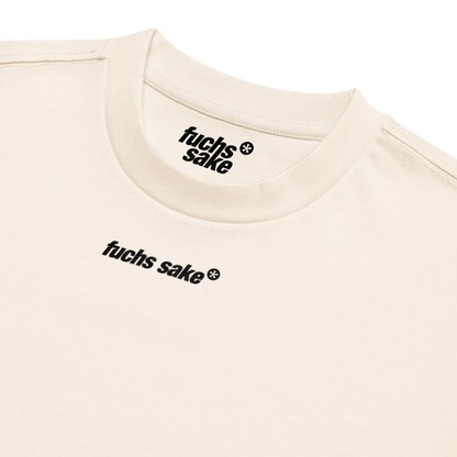 Beige t-shirt with 'fuchs sake' text on a white background